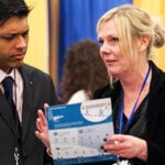 University of Copenhagen's Trine Buhl Monty juggling university and start-up jobs at MIT European Job Fair. Foto, Stew Milner