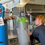 The methane removal invention is currently being developed at University of Copenhagen labs in collaboration with the start-up Ambient Carbon. Left to right: CEO Matthew Johnson, R&D scientific researcher Morten Krogsbøll, COO & Chair, David Miller. Photo, Jes Andersen.