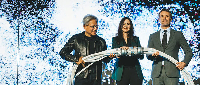 AI supercomputer Gefion was launched in attendance of L&R Jensen Huang, Nadia Carlsten, HRH King Frederik X