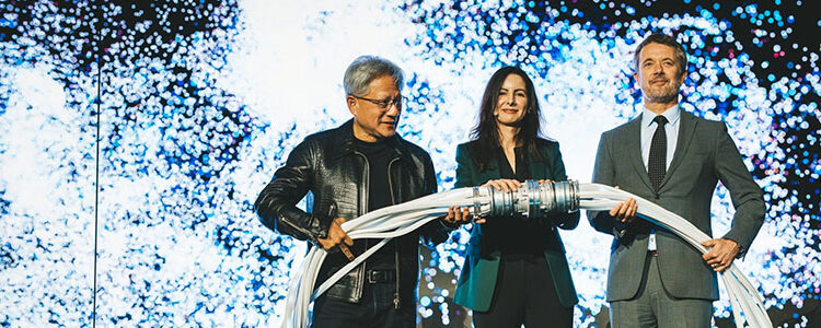 AI supercomputer Gefion was launched in attendance of L&R Jensen Huang, Nadia Carlsten, HRH King Frederik X